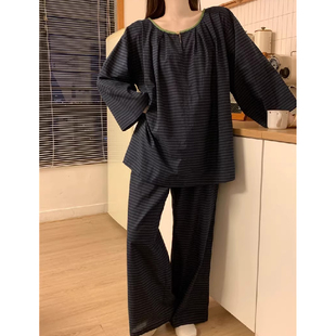 可外穿 STUDIO韩版 简约休闲条纹睡衣女春秋宽松长袖 家居服套装