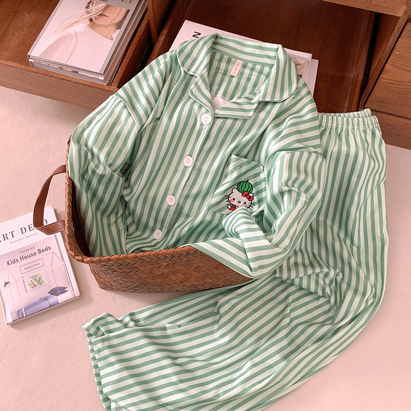 韩国ins风绿色条纹kitty德绒睡衣