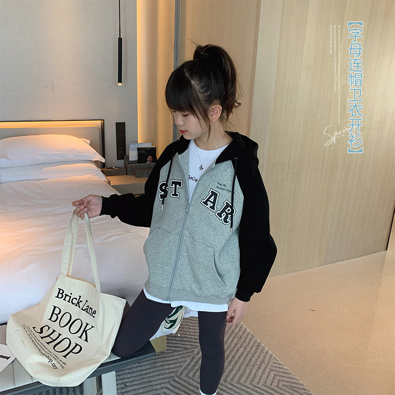 女童开衫外套秋装2025新款韩版中大童棒球服连帽拉链拼接卫衣上衣