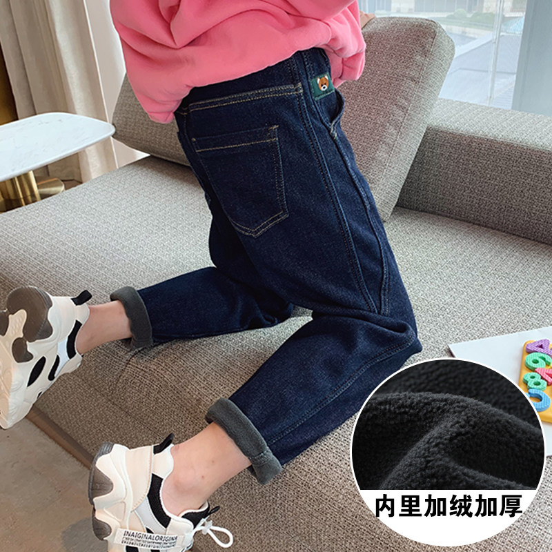 女童小脚哈伦老爹裤子2025冬新款中大童加绒加厚弹力宽松牛仔裤潮