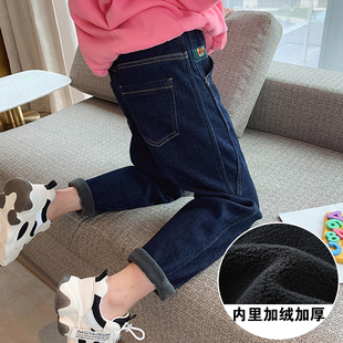 潮 中大童加绒加厚弹力宽松牛仔裤 女童小脚哈伦老爹裤 子2025冬新款