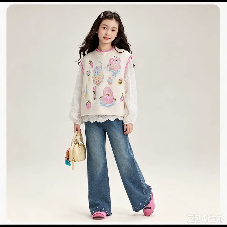 女童春秋马甲打底衫阔腿裤3件套