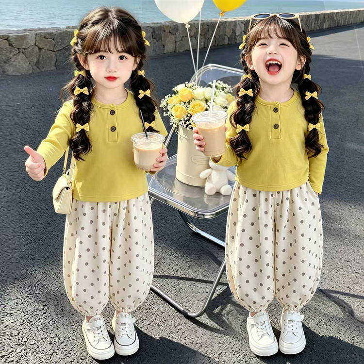 女童春秋黄色圆点阔腿裤两件套