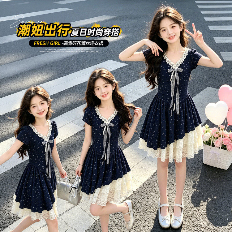 女童夏季碎花V领收腰显瘦连衣裙