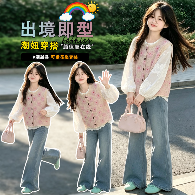 女童春秋学院风衬衫马甲三件套