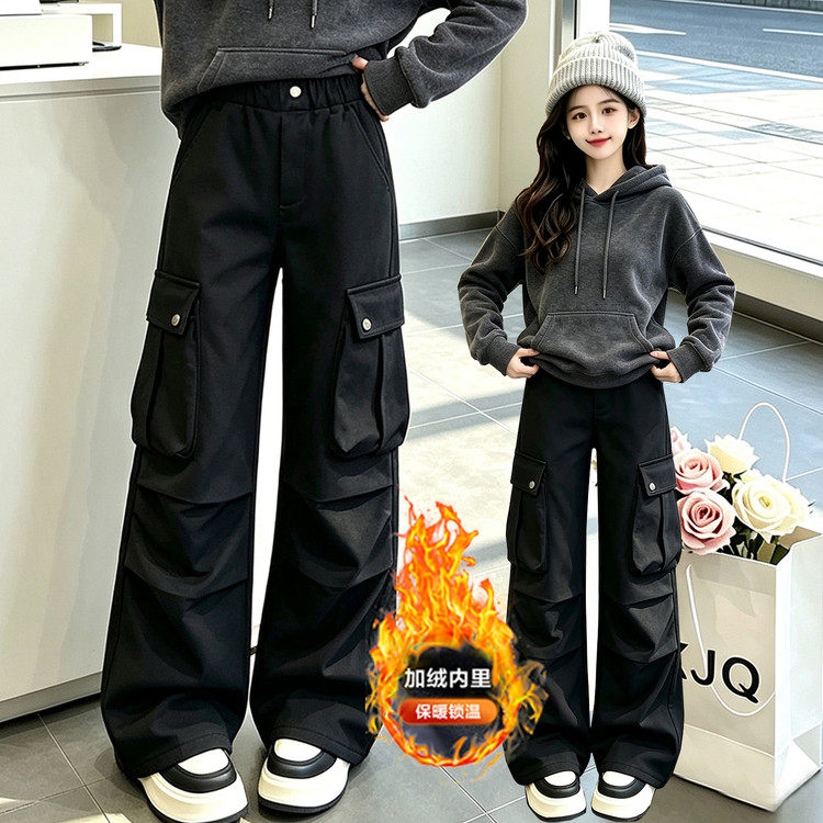 女童加绒保暖多口袋工装裤