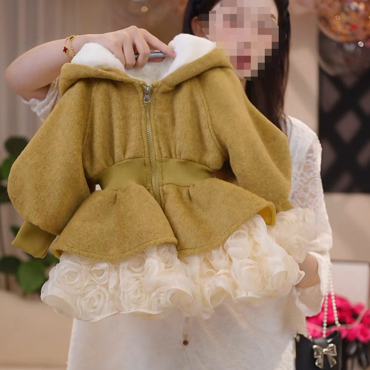 女童连帽加绒加厚黄色呢大衣