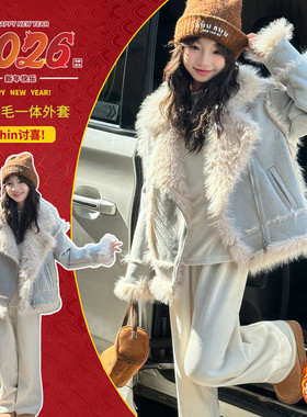 韩版皮毛一体羊羔毛外套女冬季加厚仿皮草夹克蓝色