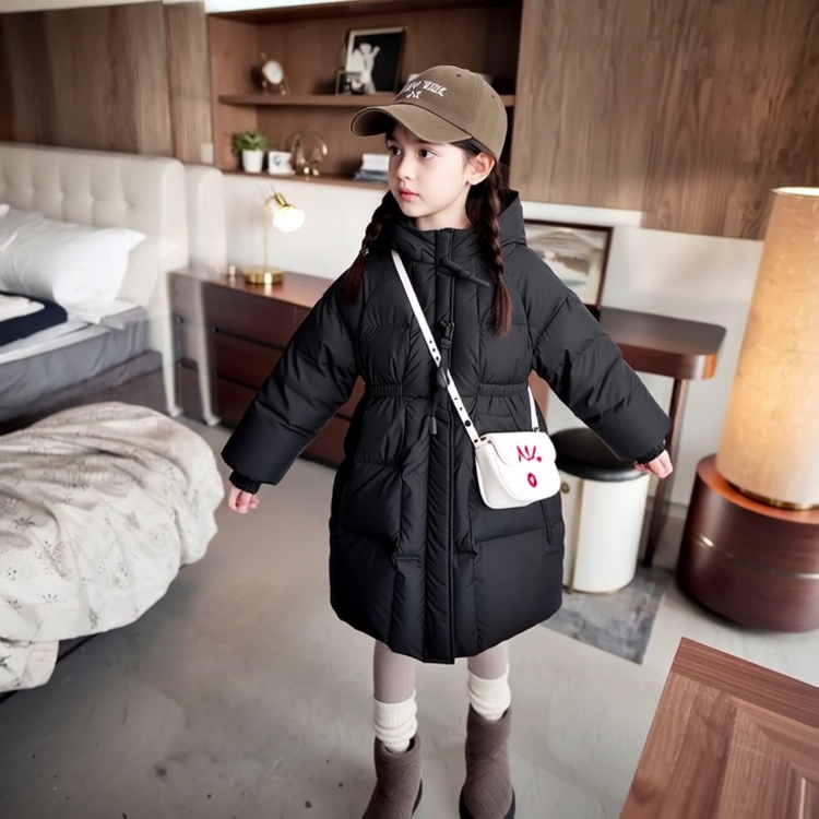 女童长款羽绒服加厚收腰连帽黑色2025新款洋气初中生外套