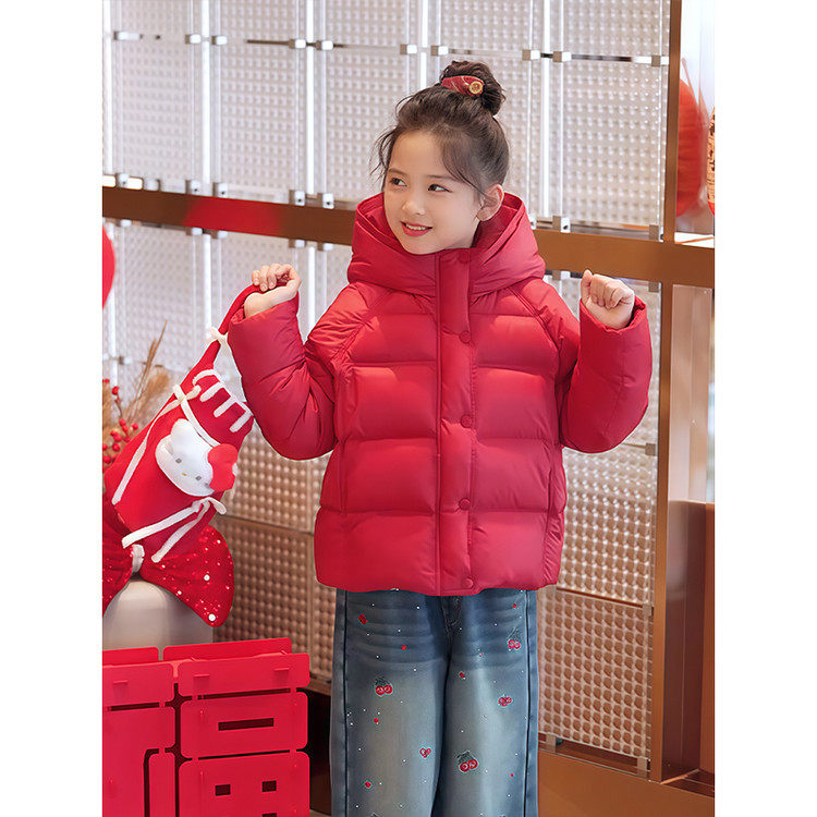 红色连帽面包服女童冬季加厚保暖羽绒棉服短款外套