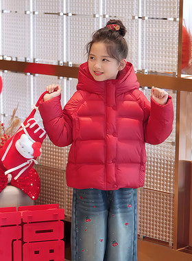 红色连帽面包服女童冬季加厚保暖羽绒棉服短款外套
