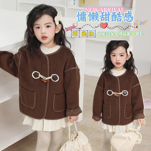 韩版千金风牛角扣毛呢大衣女童短款保暖外套秋冬