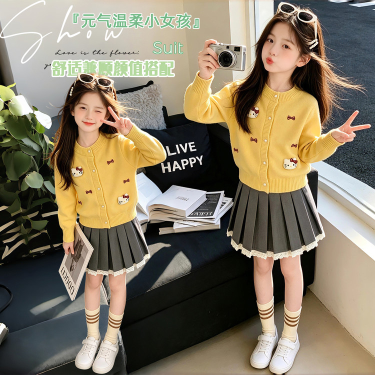 春季女童卡通开衫百褶裙两件套