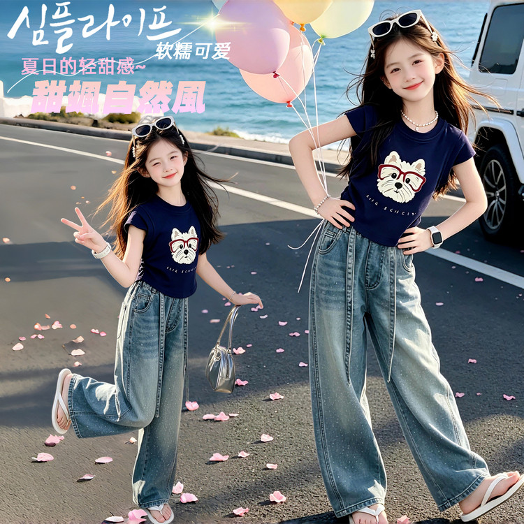 女童夏季眼镜狗短袖牛仔两件套