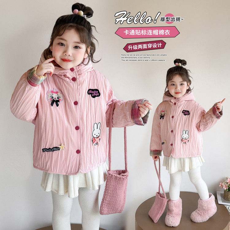 女童连帽加厚保暖粉色棉服