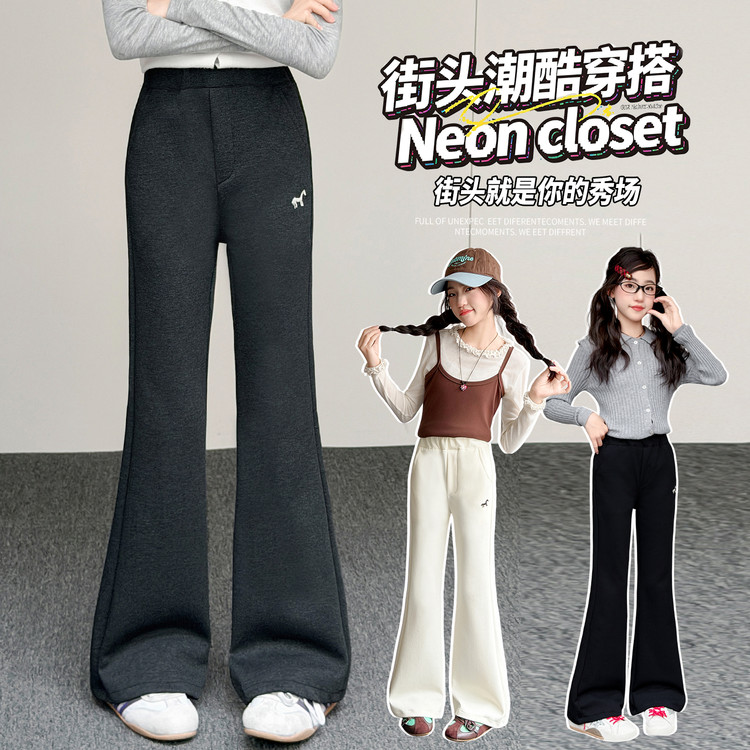 女高腰黑色显瘦微喇松紧长裤