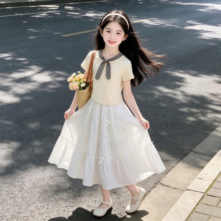 女童夏季学院风蝴蝶结蛋糕裙套装