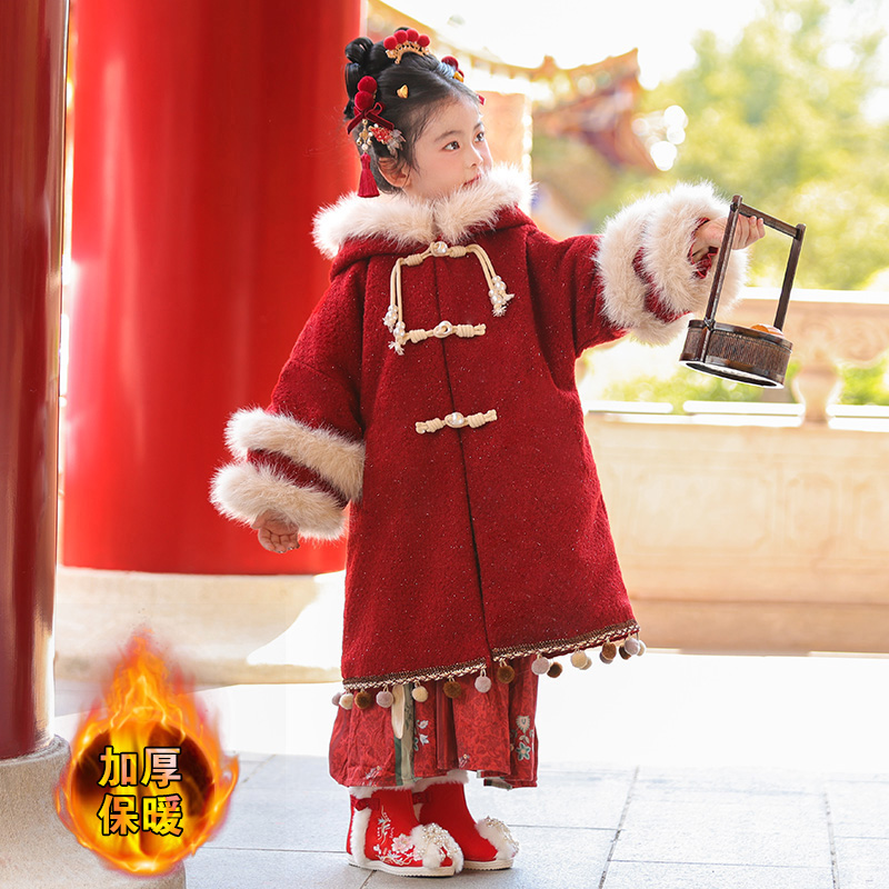 女童中国风加绒加厚红色连帽大衣