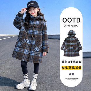 女童蓝色格子毛呢大衣中长款连帽加厚学院风秋冬外套