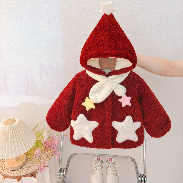 女童连帽星星加绒加厚棉服红色