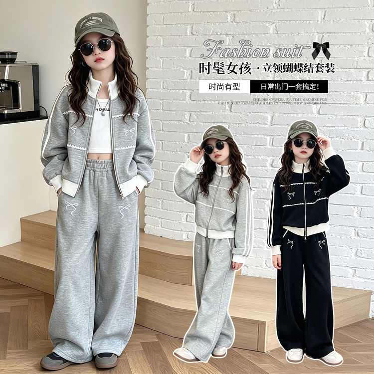 韩版女童纯棉蝴蝶结卫衣套装春秋