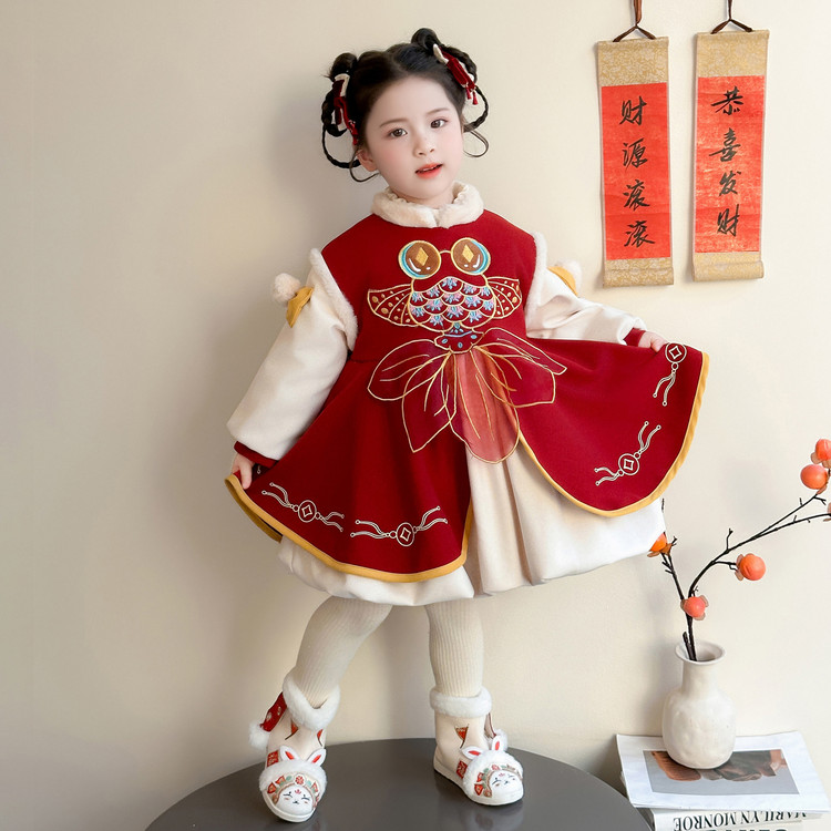 女童红色公主连衣裙春秋