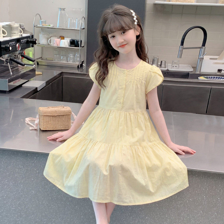 女童夏季韩版黄色短袖中长连衣裙