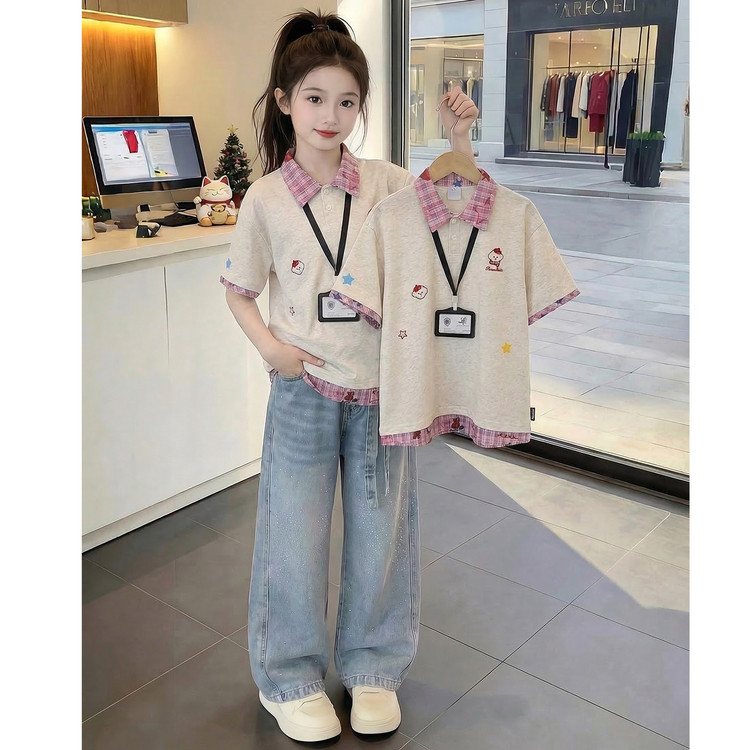女童夏季短袖假两件格子T恤