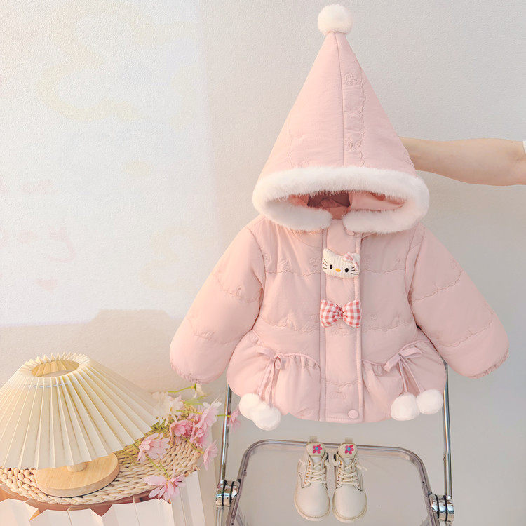 女童连帽加绒加厚棉服可爱粉球