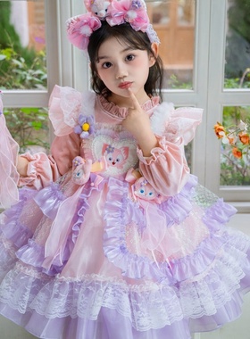 女童洛丽塔公主裙秋冬加绒粉紫色蝴蝶结蕾丝蓬蓬裙礼服