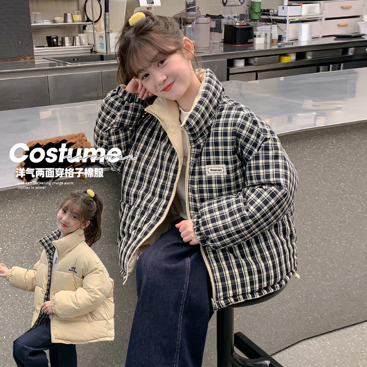 女童冬季双面穿保暖格子棉服