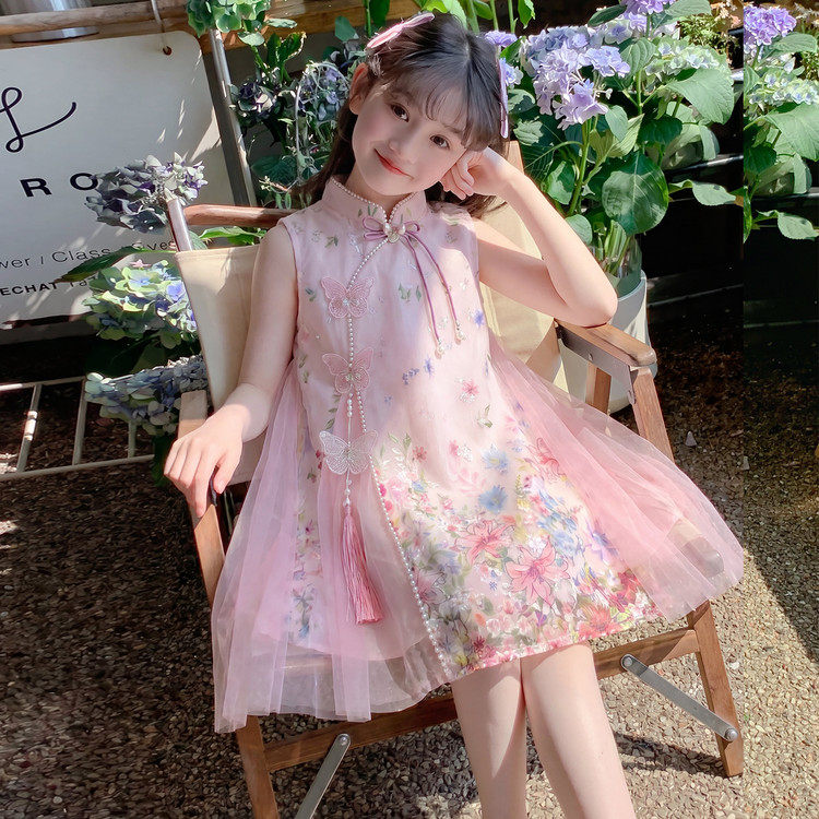 女童夏季新中式无袖立领连衣裙