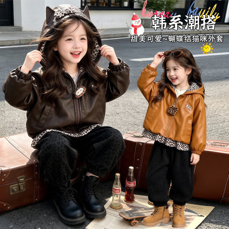 女童猫咪加绒连帽皮衣外套保暖