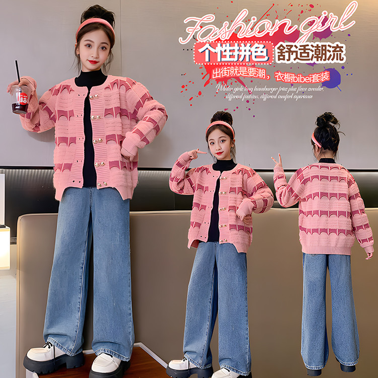 小香风女童加厚粉色毛衣开衫