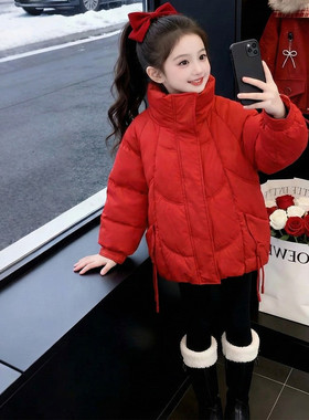 女童红色立领棉服2025新款冬季加厚保暖洋气棉衣外套