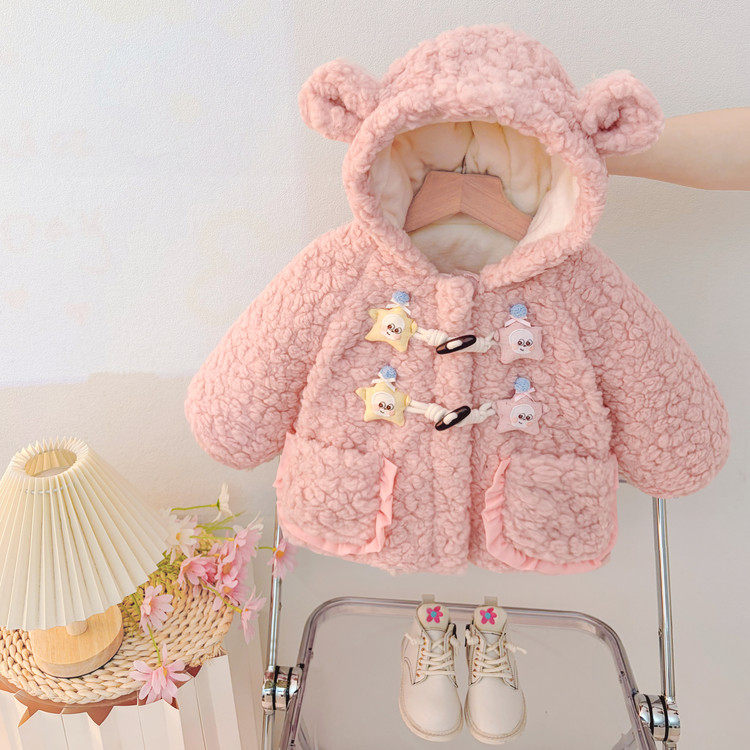 女童羊羔绒连帽加厚保暖棉服