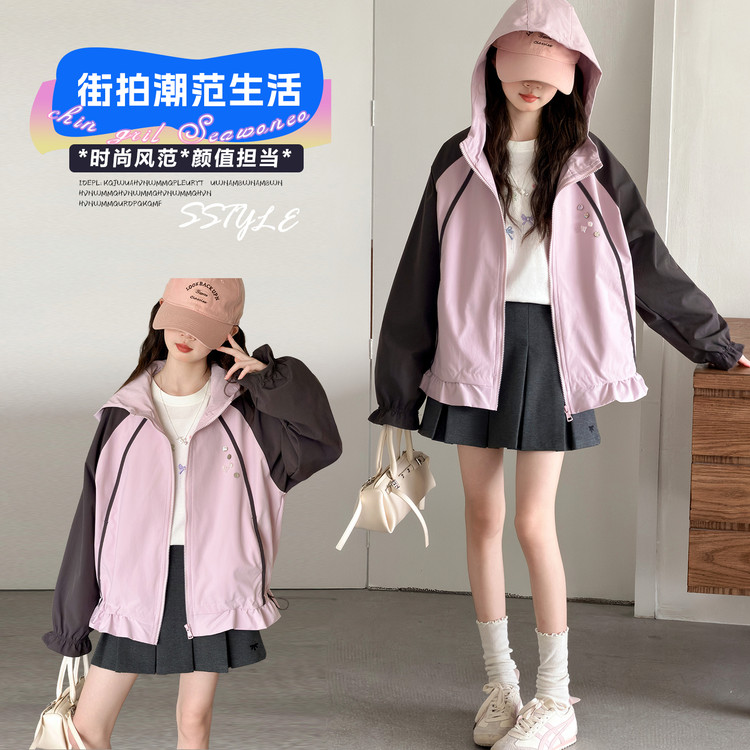 春秋女连帽拼色宽松落肩风衣