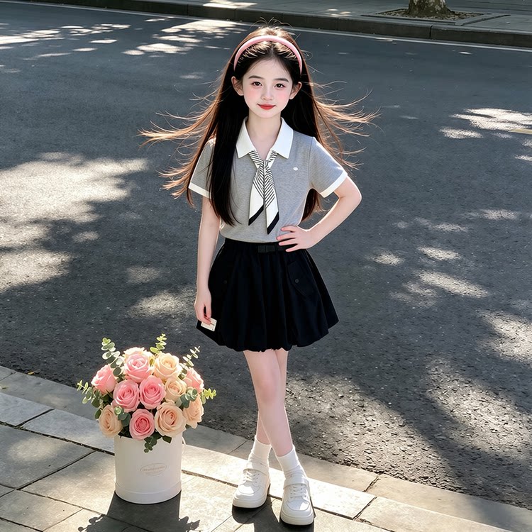 夏季学院风纯棉百褶裙两件套女