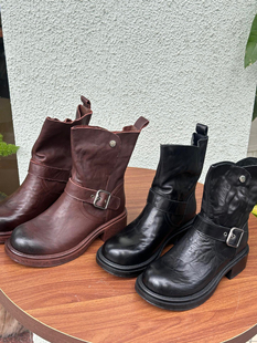 圆头低跟短靴女休闲短靴中跟短靴真皮靴子 2025新款 Blair Eadie