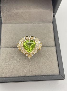 出口日本纯银镀铂金天然橄榄石开口戒稀有镶金品质全净体4.32克拉