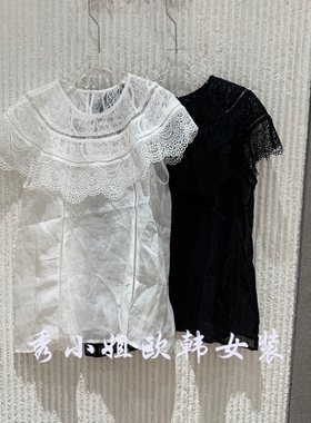 欧洲站2026夏新款韩系蕾丝拼接短袖T恤女薄料系扣装饰上衣18328