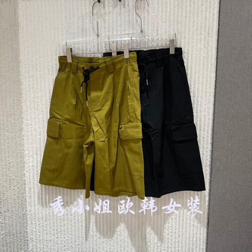 欧洲站2026夏季新款净版高腰抽绳口袋宽松直筒阔腿工装短裤女2361