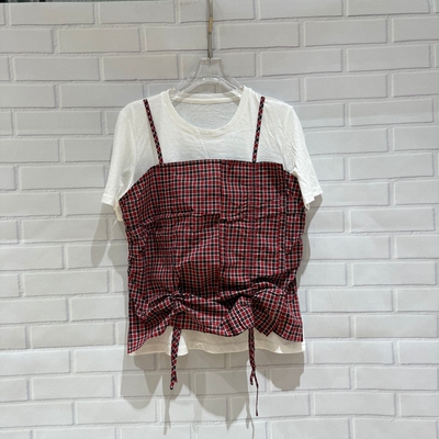 欧洲站2026夏季新款时尚百搭显瘦格子拼接假两件短袖T恤女2001