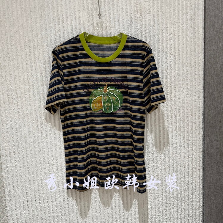 欧洲站2026夏季新款圆领条纹卡通印花短袖T恤女宽松显瘦上衣73156