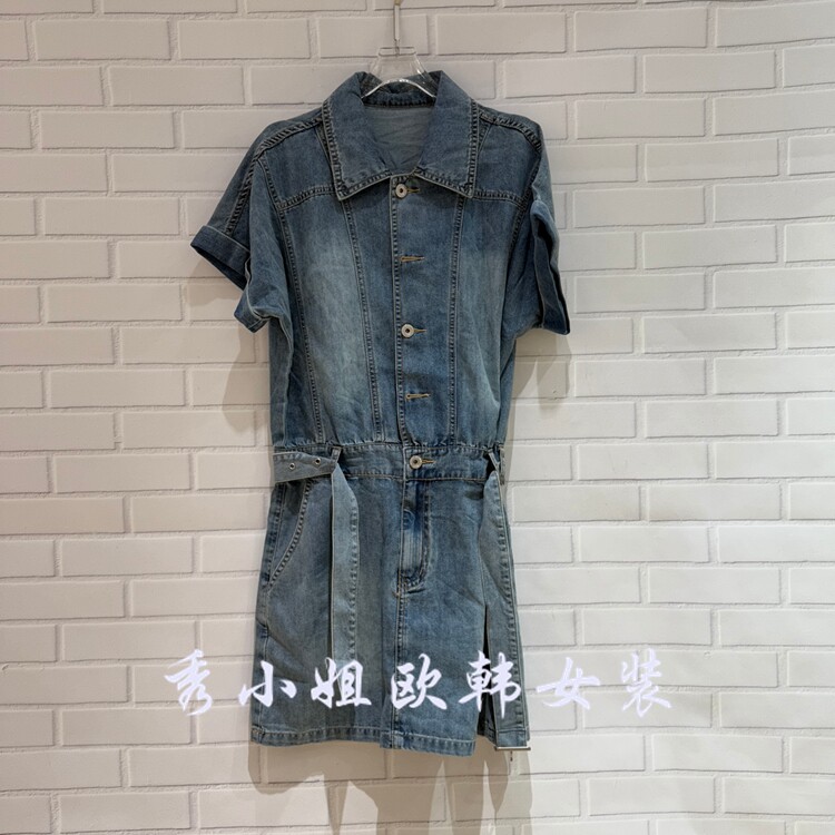 欧洲站2026夏款翻领单排扣短袖腰带收腰百搭牛仔连衣裙女06211 - 实物图
