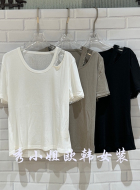 欧洲站2026夏季新款圆领蕾丝拼接镂空短袖T恤百搭显瘦上衣女16079