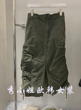 欧洲站2026夏季新款高腰军绿色工装百搭侧褶皱抽绳开叉中长裙