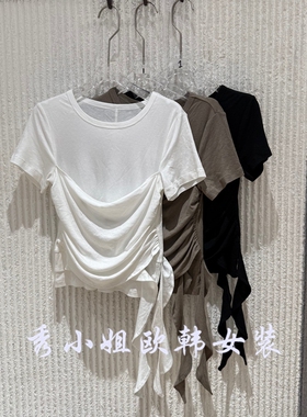 欧洲站2026夏新款休闲风假两件荷叶边短袖T恤女飘带上衣15260