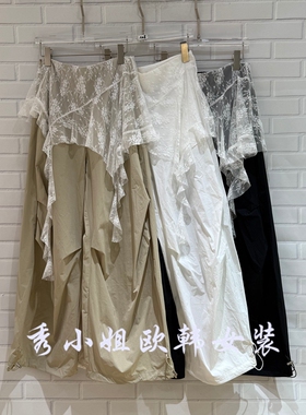欧洲站2026春季新款高腰褶皱蕾丝拼接宽松百搭休闲直筒长裤女2458