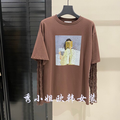 欧洲站2026早秋新款百搭圆领卡通印图拼接蕾丝袖假两件T恤女1987